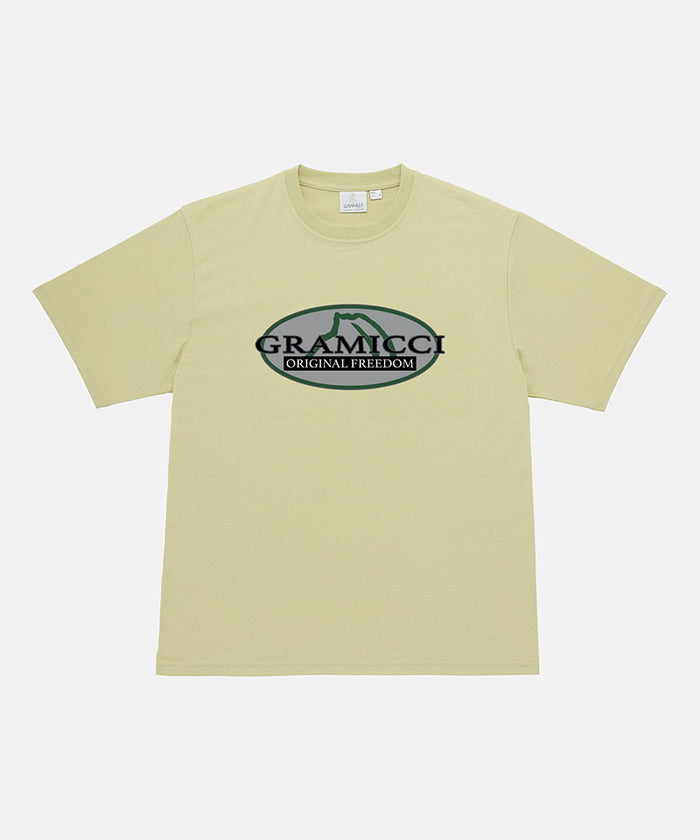 Gramicci lime green Half Dome Tee with grey and green graphic against a light tone background.