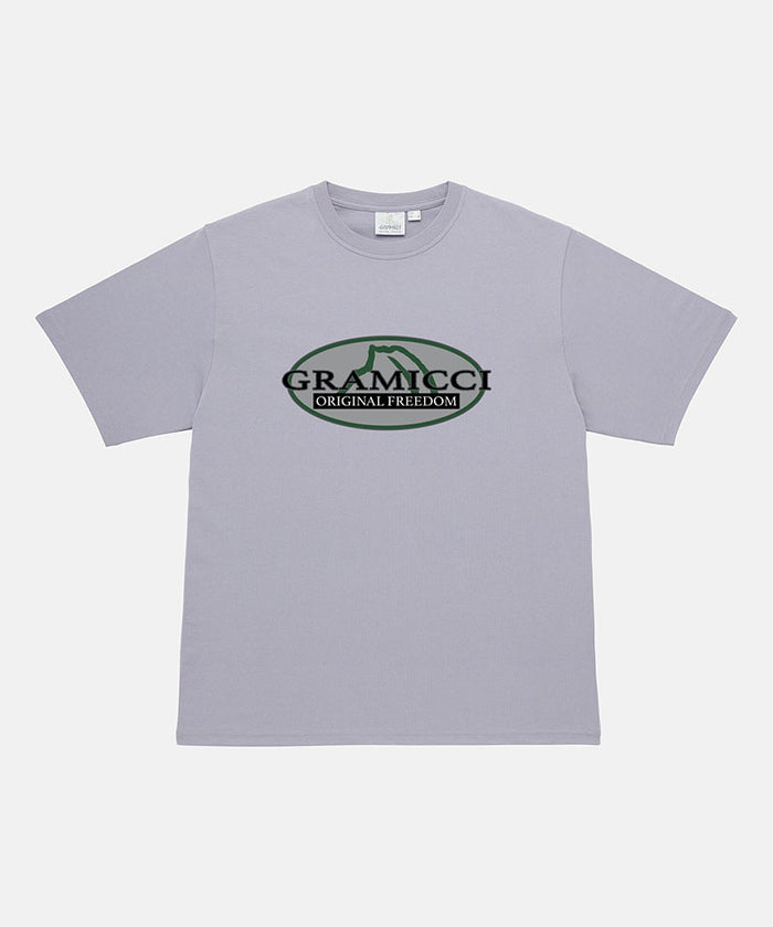 Gramicci lavender Half Dome Tee with grey and green graphic against a light tone background.