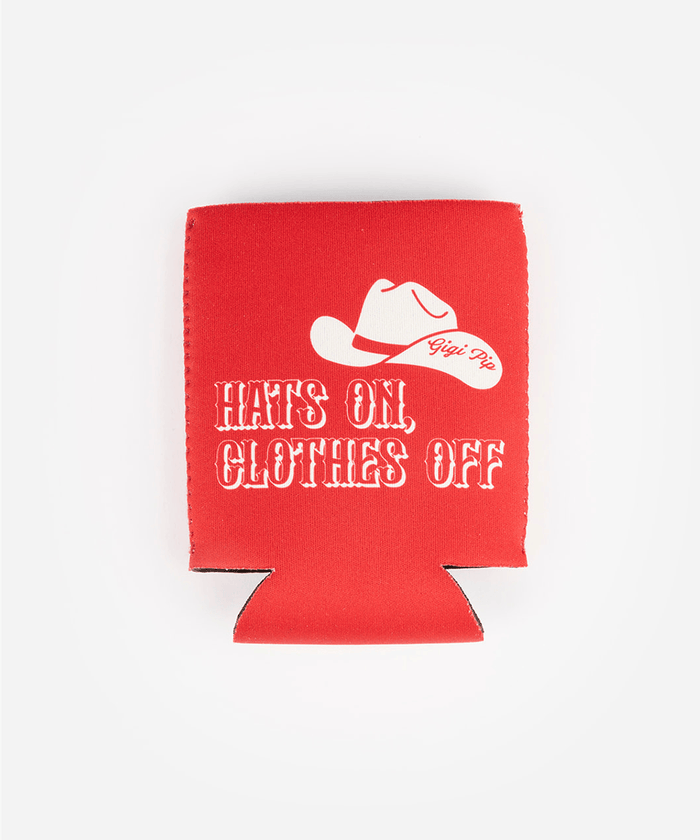 Red can sleeve with a cowboy hat graphic and the text 'HATS ON, CLOTHES OFF' on a white background #color_red