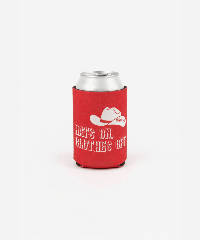 Red can sleeve on a can with a cowboy hat graphic and the text 'HATS ON, CLOTHES OFF' on a white background #color_red