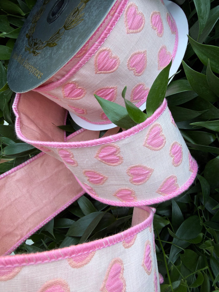 HEART JACQ/DUPION FUSED 2.5"x10YD WHITE/PINK HEAVY WIRED RIBBON