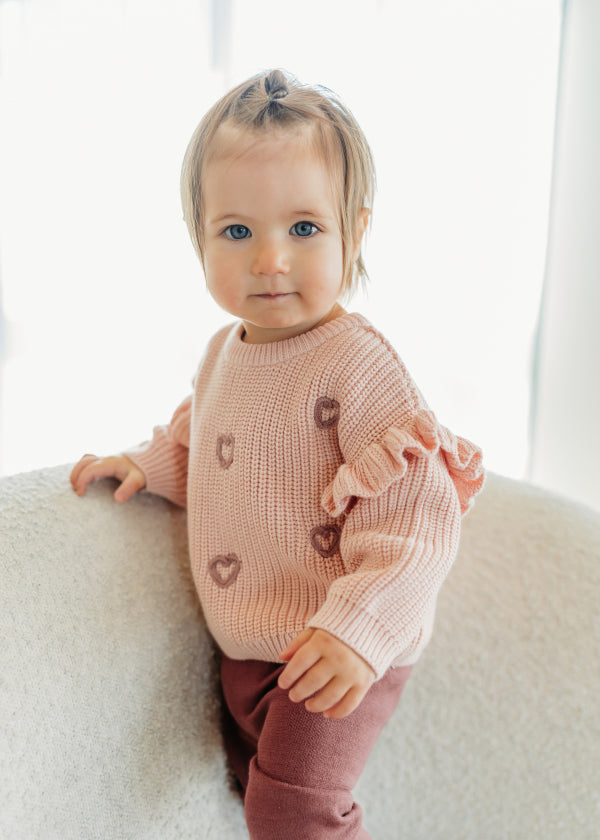 Hearts Embroidered Slouchy Sweater Knit Baby Pullover (Organic Cotton)