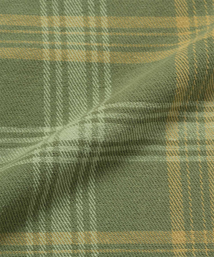 Olive plaid colored Gramicci Hemp G-Short Plaid fabric swatch.
