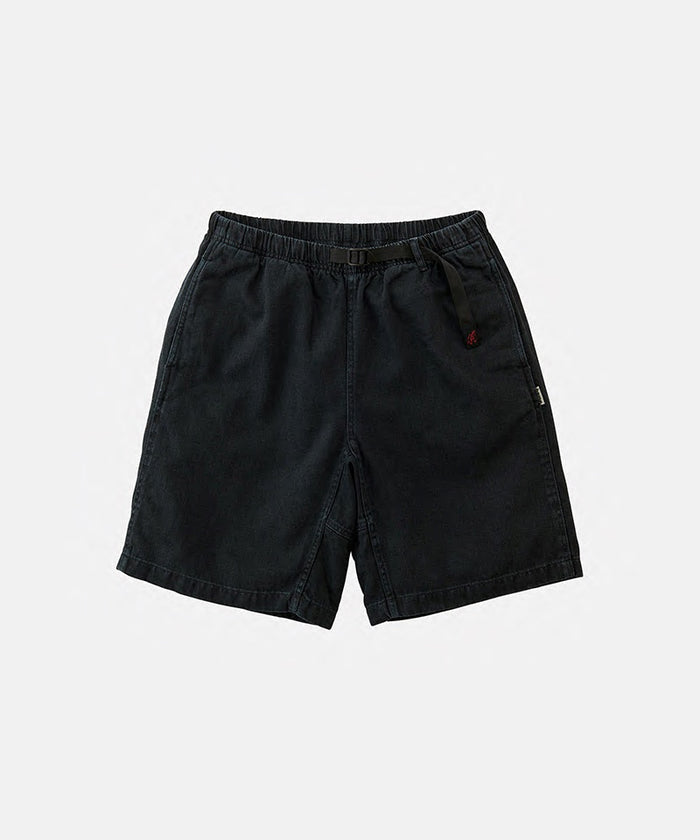 Hemp black colored Gramicci Hemp G-Shorts with a belt against a light-tone background.