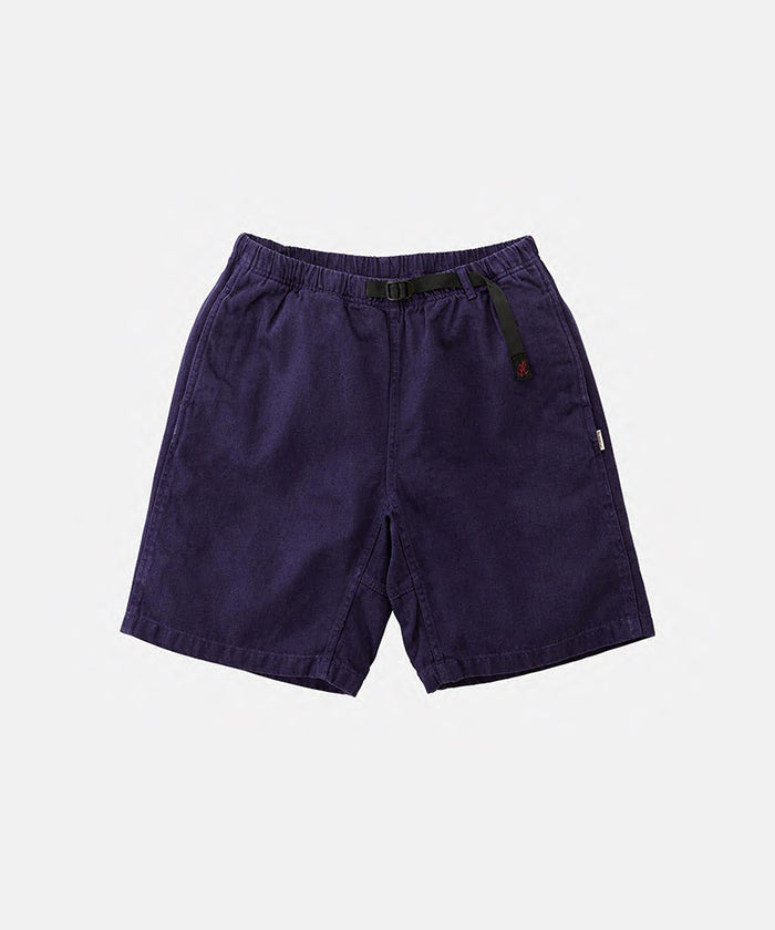 Hemp purple Gramicci Hemp G-Shorts with a belt against a light-tone background.