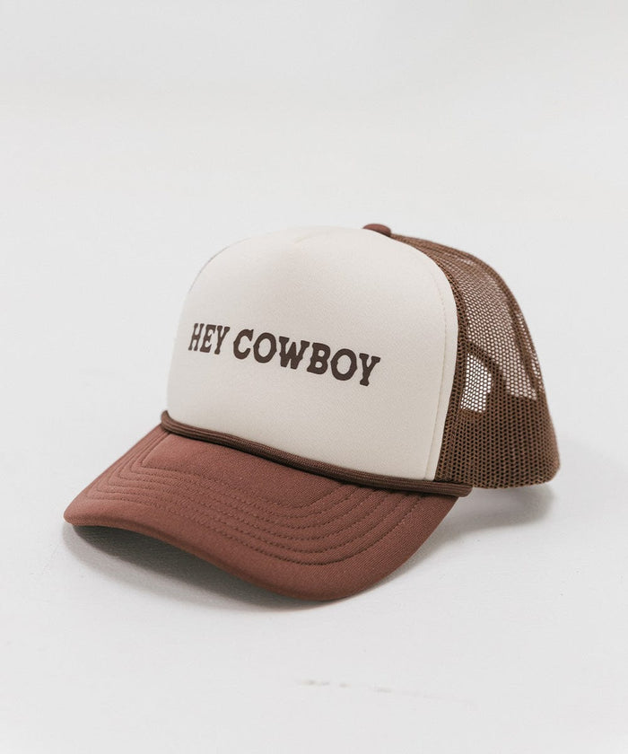 A cream and chocolate brown cap with 'Hey Cowboy' text on a white background #color_cream - chocolate brown
