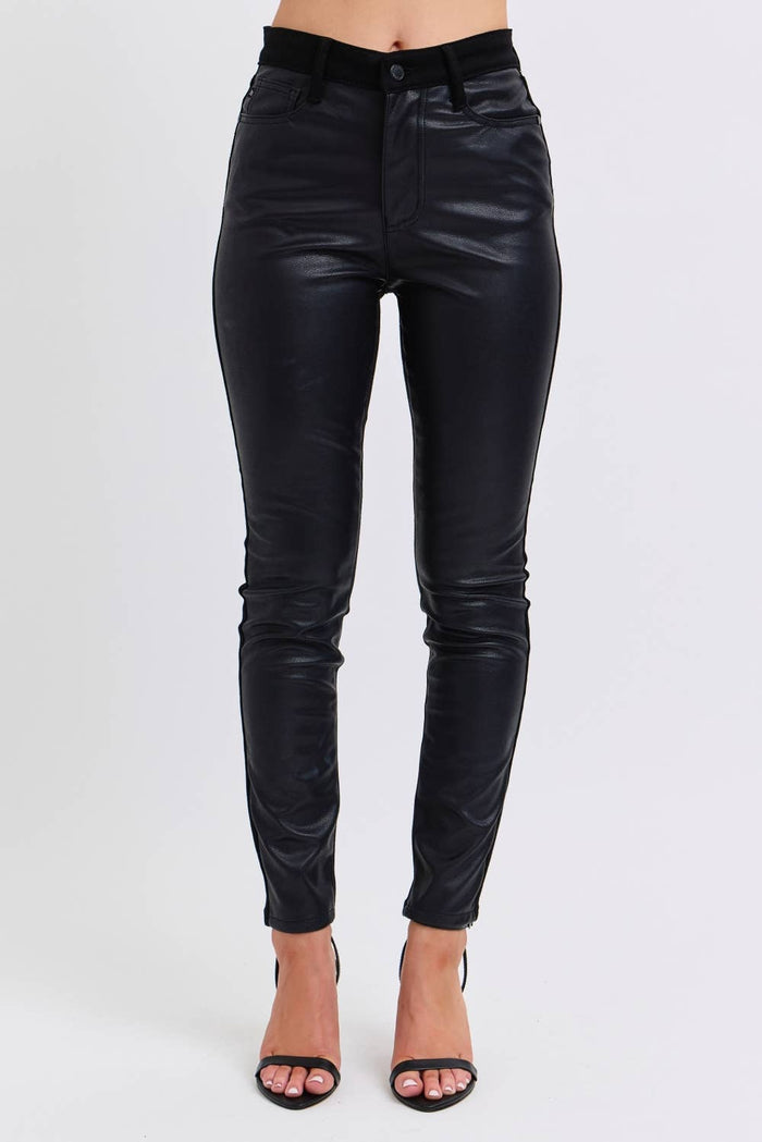 High Waisted Faux Leather & Denim Skinny Jeans