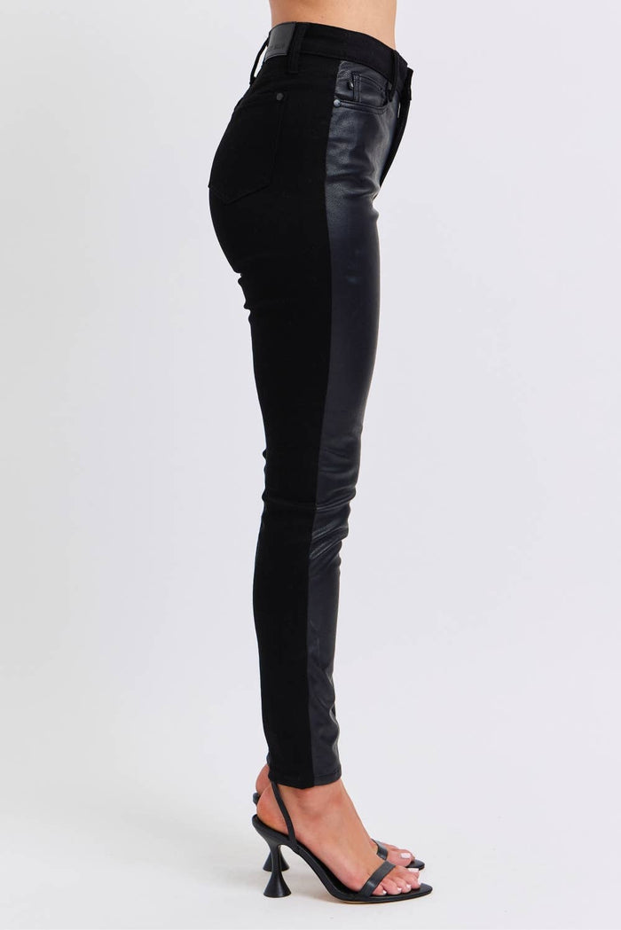 High Waisted Faux Leather & Denim Skinny Jeans