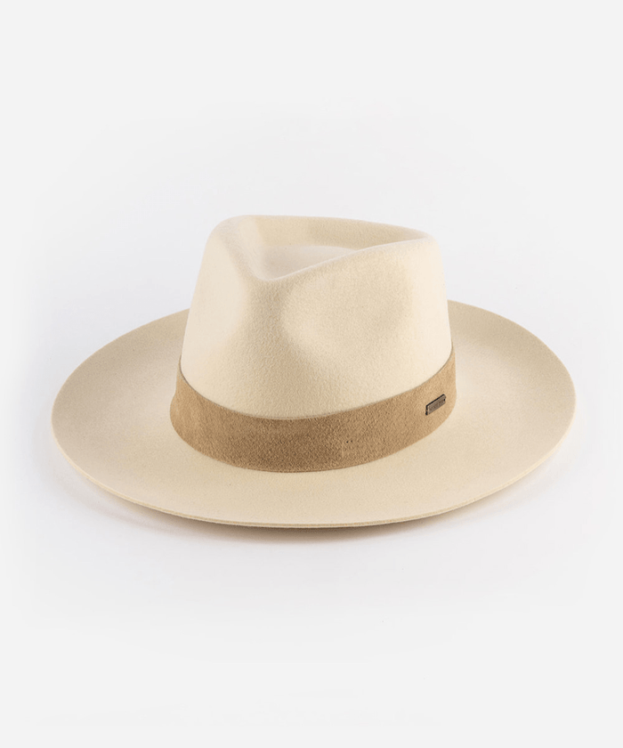 An off white felt fedora hat with a band on a plain background #color_off white