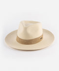 An off white felt fedora hat with an upturned brim and a hand-sewn suede band on a plain background #color_off white
