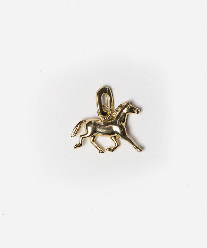 A gold horse hat charm on a plain background #color_gold