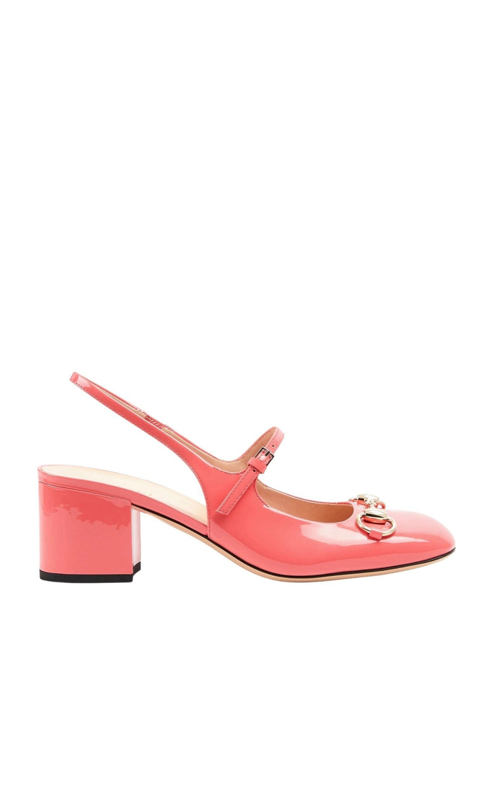 Gucci Horsebit 55 pink patent leather slingback pumps