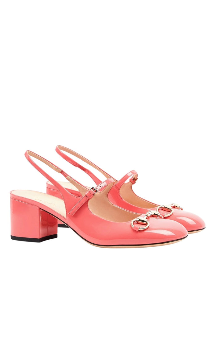Gucci Horsebit 55 pink patent leather slingback pumps