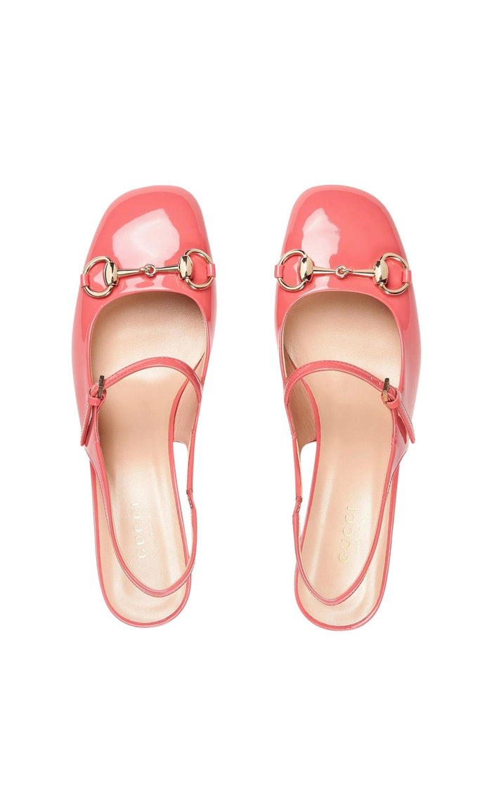 Gucci Horsebit 55 pink patent leather slingback pumps