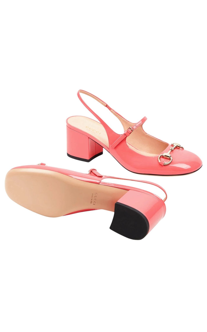 Gucci Horsebit 55 pink patent leather slingback pumps