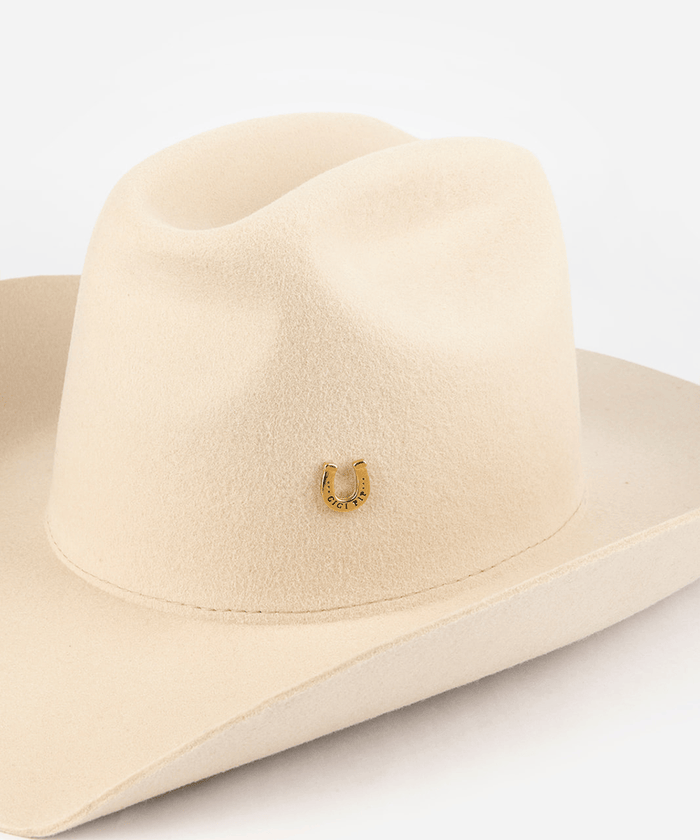 Pink cowboy hat with a gold horseshoe-shaped hat pin on a white background #color_gold