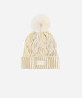 A cream knit beanie with a pom-pom on a plain background #color_cream