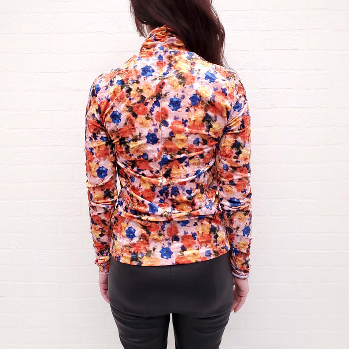 ISABEL MARANT PINK AND ORANGE FLORAL VELVET 'GILOYELA' TURTLENECK TOP - SIZE 42