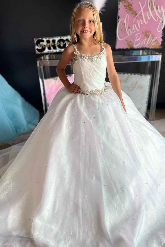 Ivory Spaghetti Strap Rhinestones Girl Ball Gown
