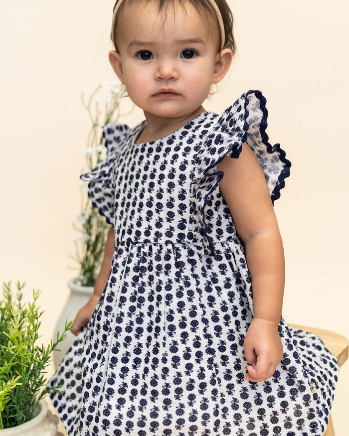 Jamie Blue Floral Baby Dress + Bloomer (Organic) Model
