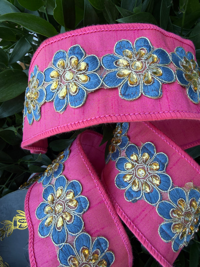 JEWELED FLOWER TRIM DUPION/DUPION FUSED 2.5"X5YD CORAL HEAVY WIRED RIBBON