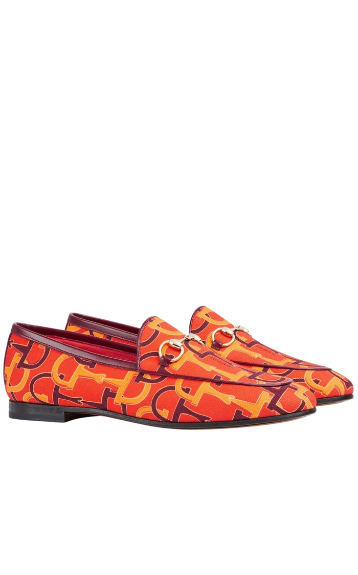 Gucci orange horsebit logo-print canvas loafers with gold-tone hardware