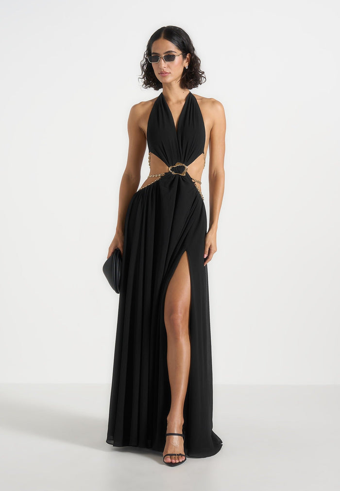 june-chain-belt-cut-out-georgette-halter-maxi-dress-black