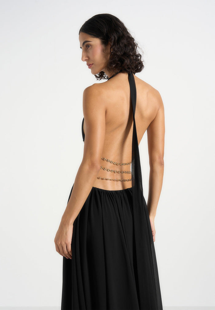 june-chain-belt-cut-out-georgette-halter-maxi-dress-black