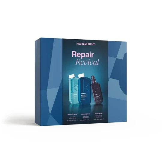 Kevin Murphy Repair Revival haircare set in a blue geometric box, featuring three bottles of hair treatment on the front.