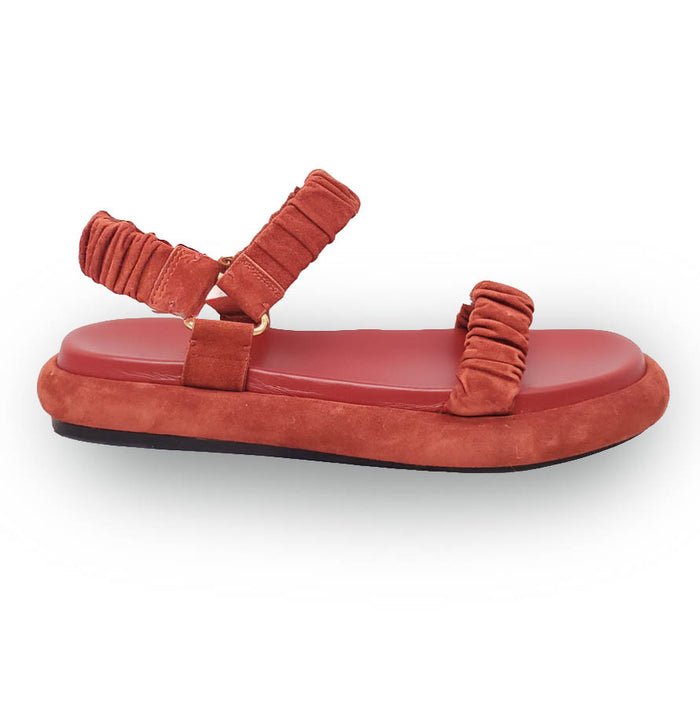 KHAITE RUST SUEDE RUCHED SANDALS - SIZE 38