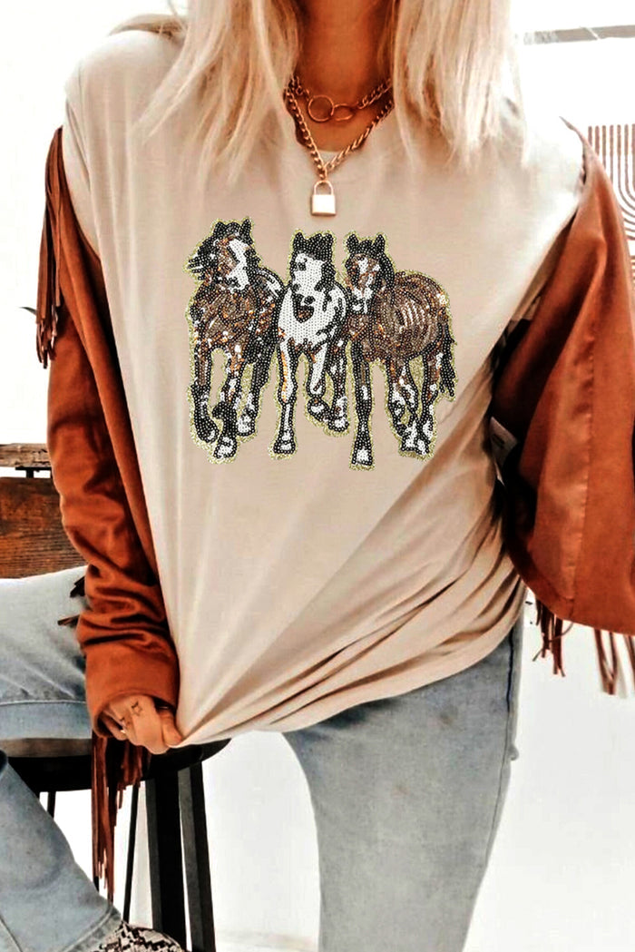 Khaki Sequin Horses Patched Casual Crewneck T Shirt