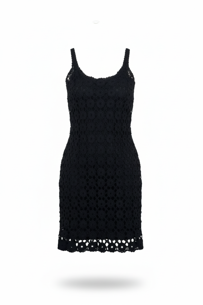Ghost mannequin black eyelet dress - white background