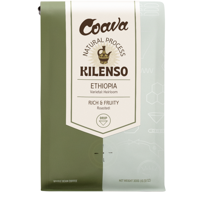 Kilenso Ethiopian coffee bag highlighting Heirloom varietal with natural processing and a rich fruity profile