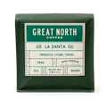 Close-up of a dark green La Danta coffee bag with Great North Coffee branding and origin notes
