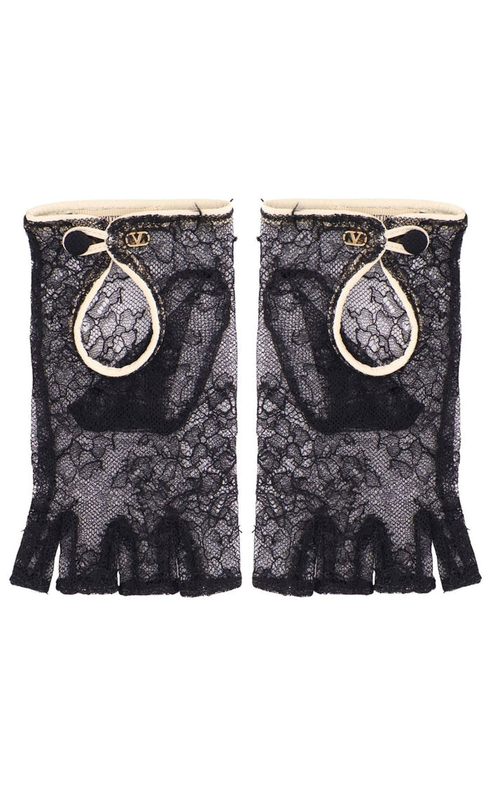 Valentino Black Lace Gloves With Leather Profiles