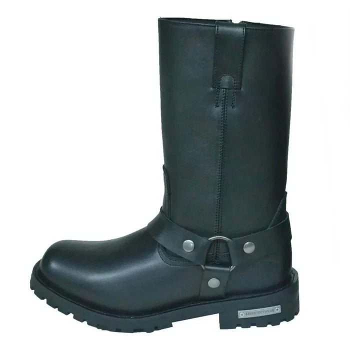 Women's black harness leather motorcycle boot side view