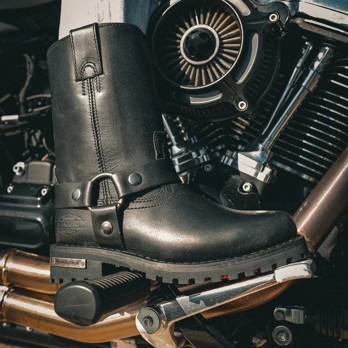 Women's black harness leather motorcycle boot alternate side view
