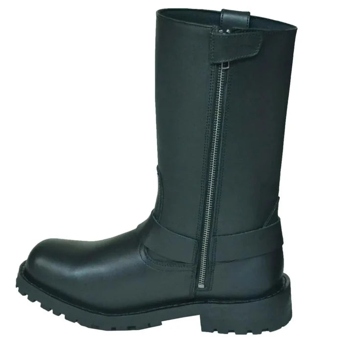 Women's black harness leather motorcycle boot front view