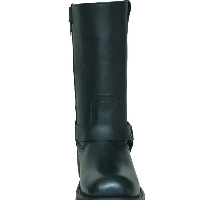 Women's black harness leather motorcycle boot rear view