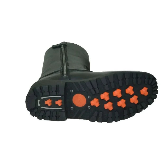 Women's black harness leather motorcycle boot sole and detail view