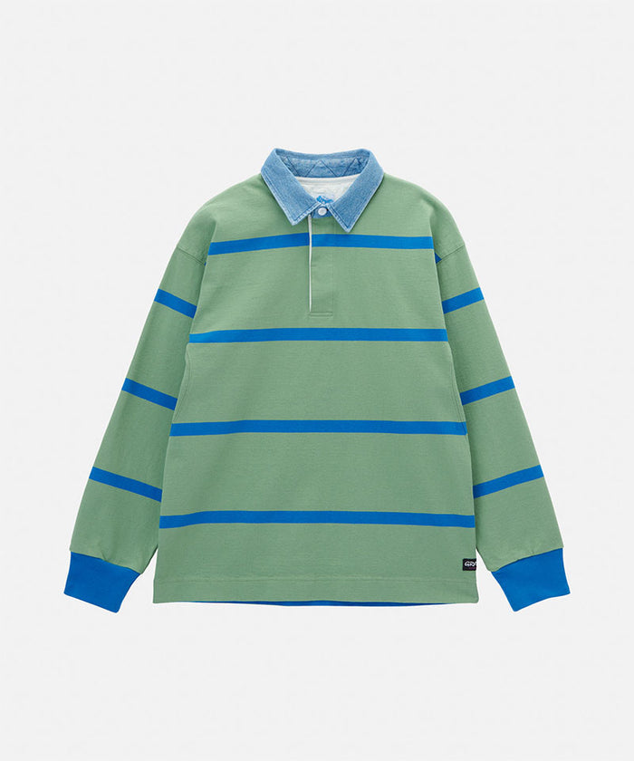Gramicci olive and blue stripped Gramicci Langdon Rugby Shirt against a light-tone background.