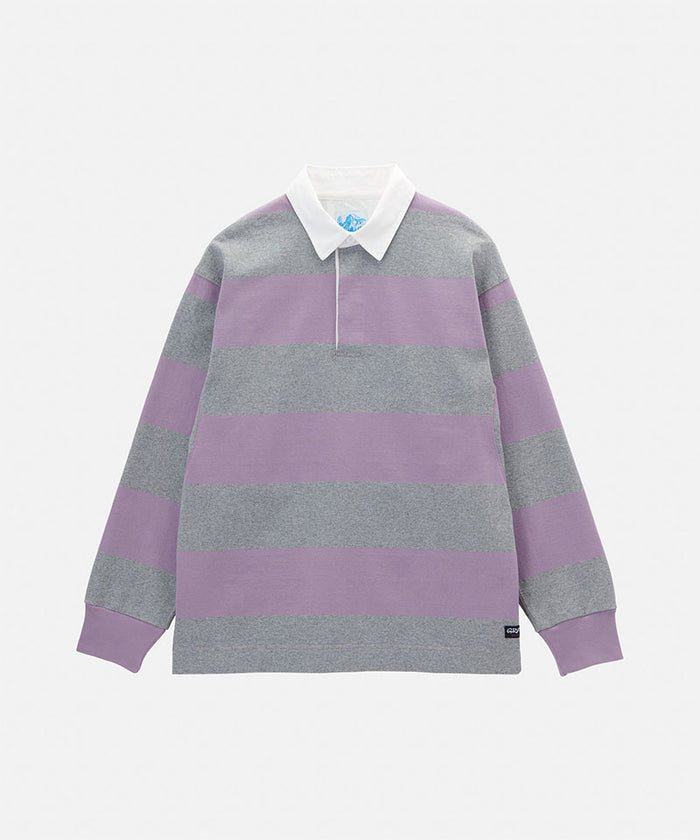 Gramicci heather purple striped Langdon Rugby Shirt against a light-tone background.