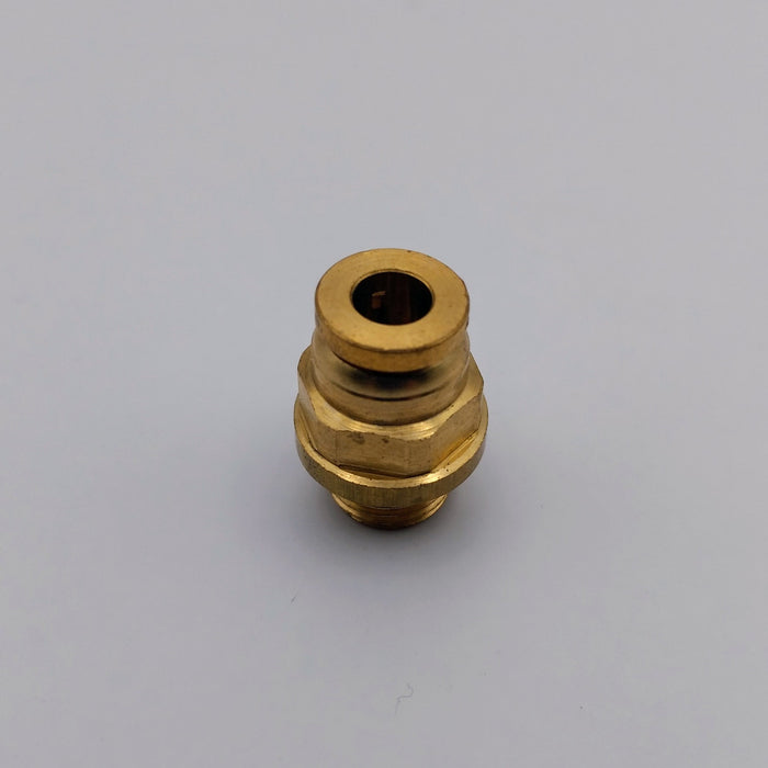 Brass central straight quick connect fitting for Lelit Elizabeth against a light background.