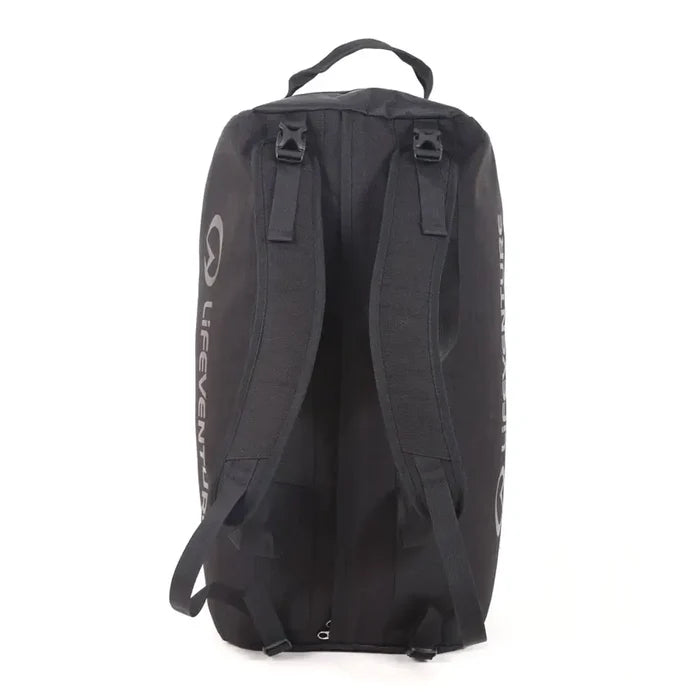 Reverse of a Lifeventure Expedition Cargo Duffle showing the shoulder strap options and the main entry zip