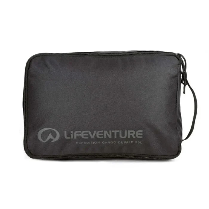 Lifeventure Expedition Cargo Duffle Bag 50 Litres inblack packed away in its carry case on a white background