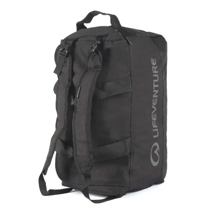 Lifeventure Expedition Cargo Duffle Bag 50 Litres in black in an upright position shoiwng the backpack straps on a white background