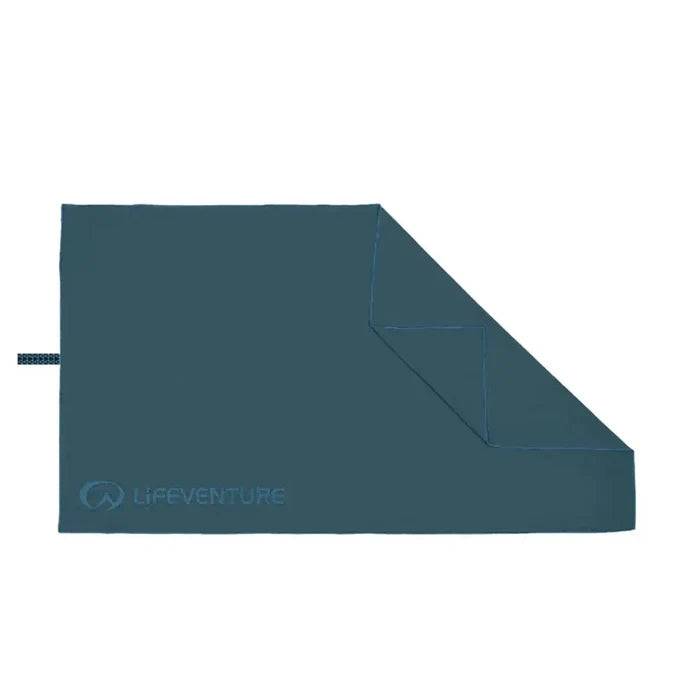 Opened out image of a giant Lifeventure SoftFibre recycled travel towel in blue showing both sides of the fabric