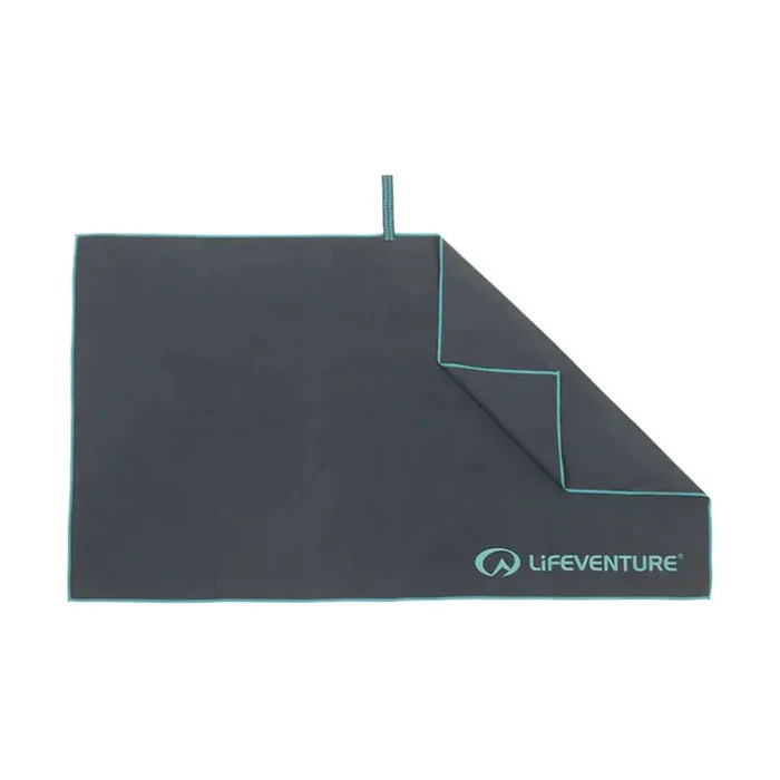 Opened out image of a giant Lifeventure SoftFibre recycled travel towel in grey showing both sides of the fabric