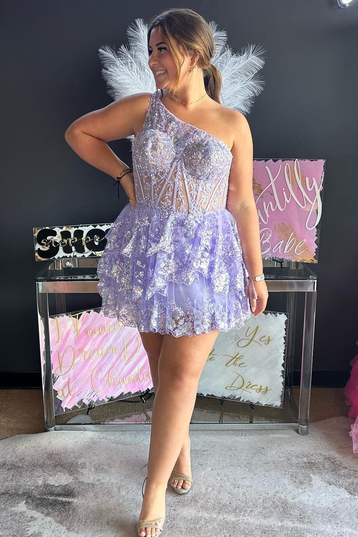 Light Blue Sequin-Embroidery One-Shoulder A-Line Homecoming Dress