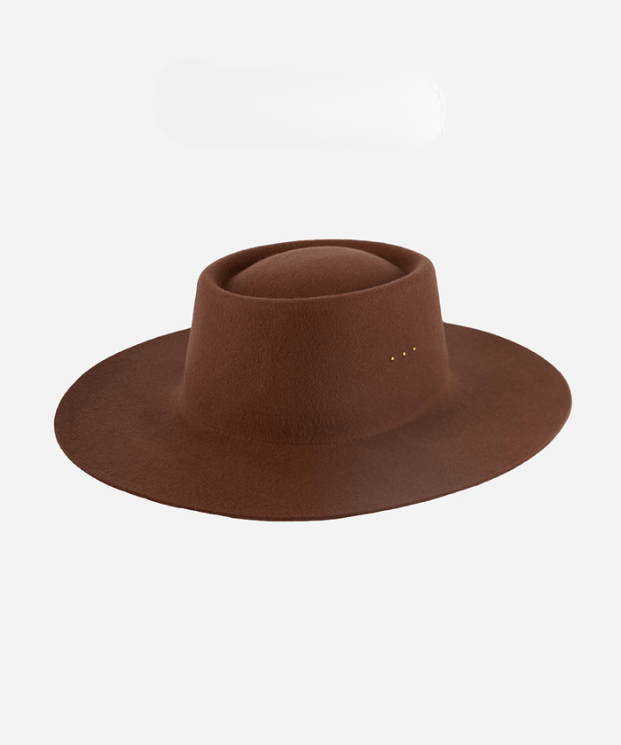 A dark oak colored boater hat on a plain background #color_dark oak